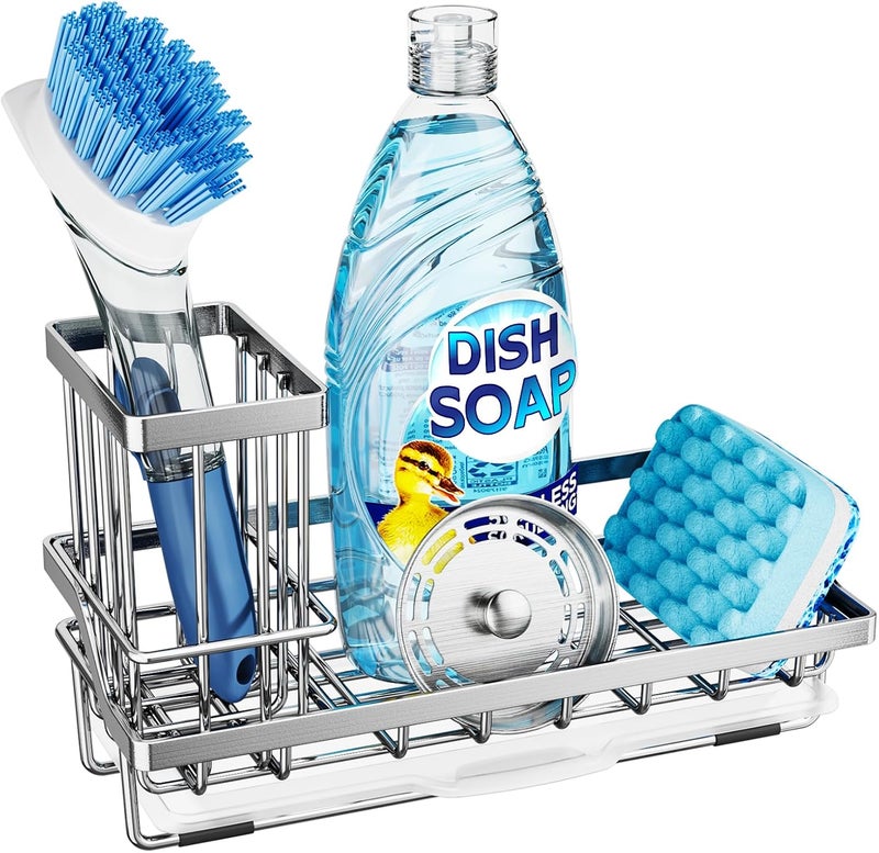 Consumest Sink Caddy, Kitchen Sponge Holder with Dish Brush Holder, Kitchen Organizer with Drip Tray for Countertop, Stainless Steel Rustproof - Silver - Image 1